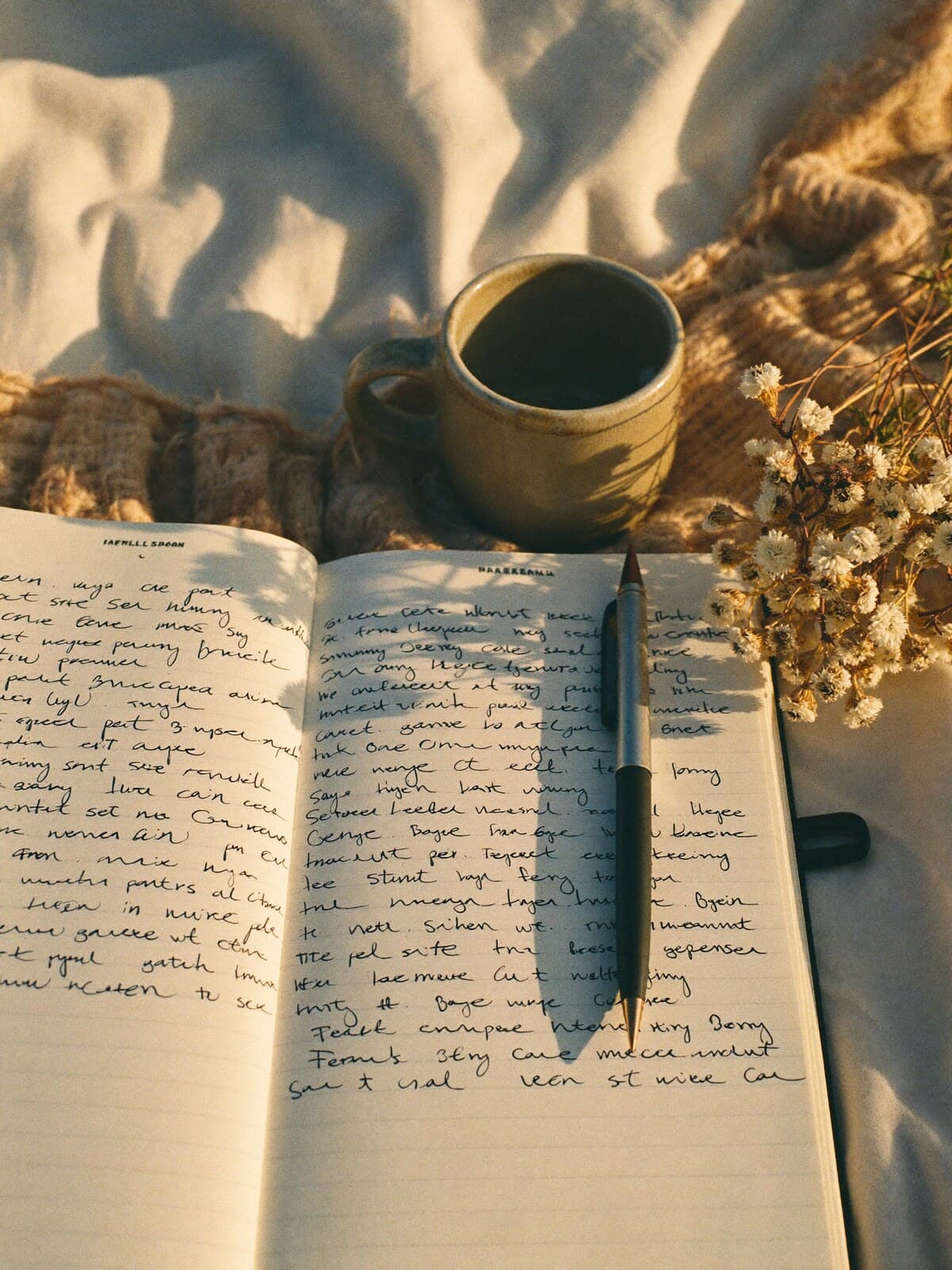 Diario abierto al amanecer con flores y una taza