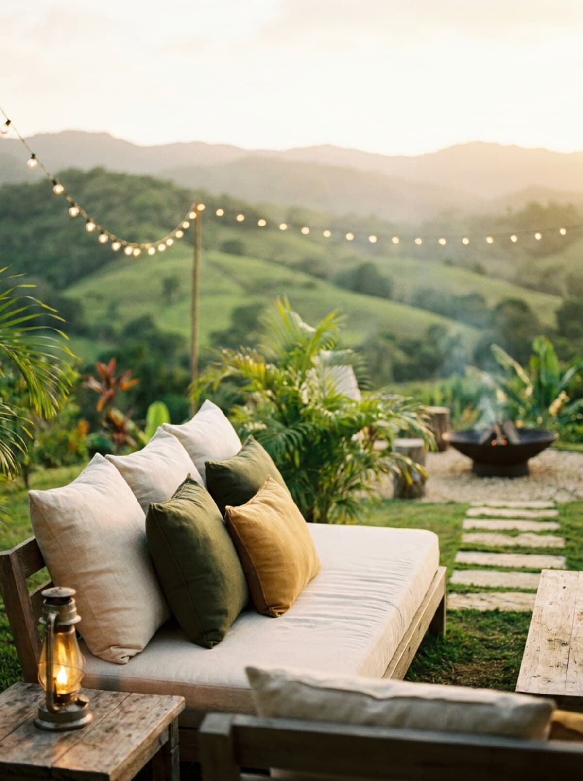 Lounge al atardecer en Casa Norte con luces cálidas